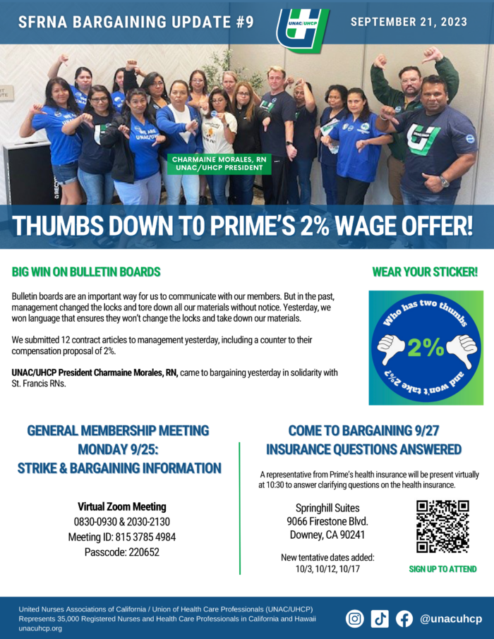 SFRNA Bargaining Update #9 - 9/21/23: Thumbs Down to Prime's 2% Wage Offer