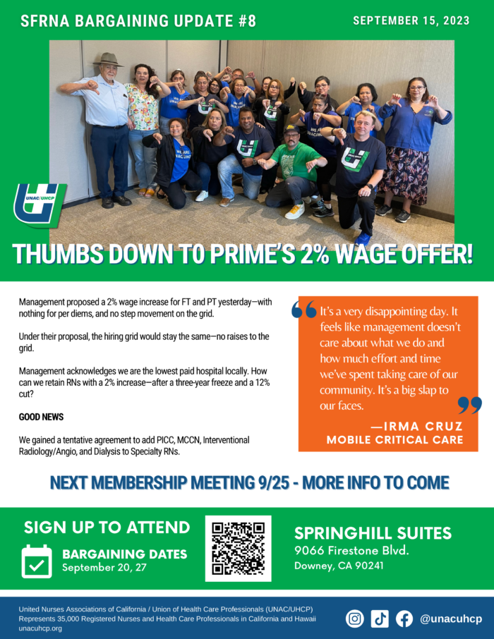 SFRNA Bargaining Update $8 - 9/15/23: Thumbs Down to Prime's 2% Wage Offer