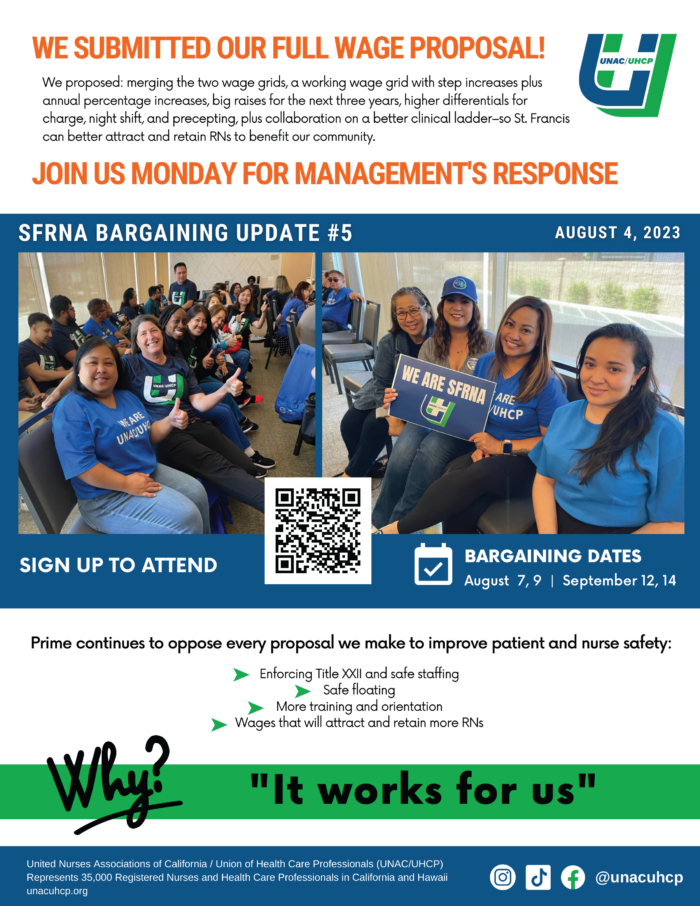 SFRNA Bargaining Update #5 - 8/4/23 - We Submitted our Full Wage Proposal